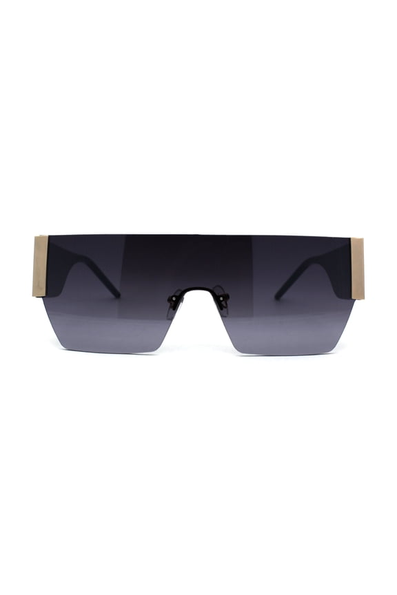 Retro Robotic Flat Top Rimless Shield 80s Squared Sunglasses Black Gold Smoke