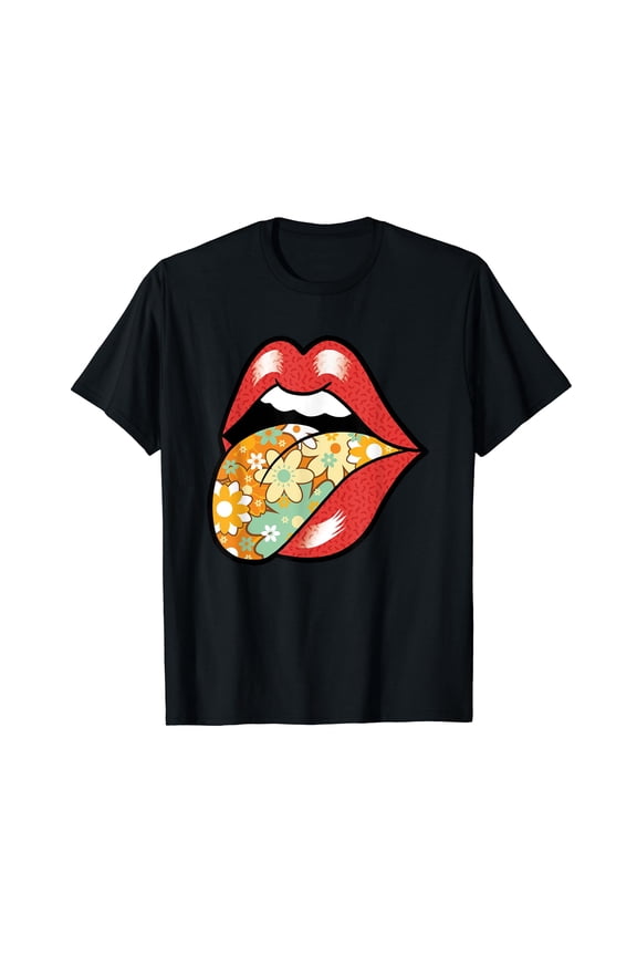 Retro Rock And Roll Red Lips Flower Pattern Tongue Boho T-Shirt