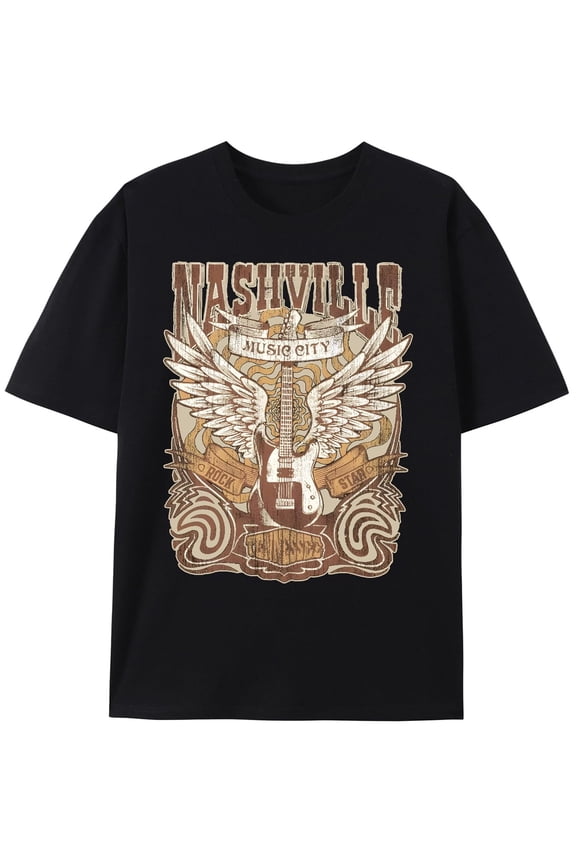 Retro Rock Band T-Shirt Women Country Music Shirt Tops Nashville Music City Tshirt Vintage Guitar Wings Graphic Tees
