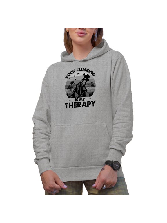 Retro Rock Climbing Is My Therapy, Cliff or Mountain Climber, Heather Grey Hooded Sweatshirt or Hoodie, Small