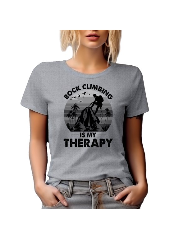 Retro Rock Climbing Is My Therapy, Cliff or Mountain Climber, Heather Grey T-Shirt, Medium