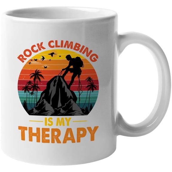 Retro Rock Climbing Is My Therapy, Mountain Climber, White 11oz Ceramic Mug
