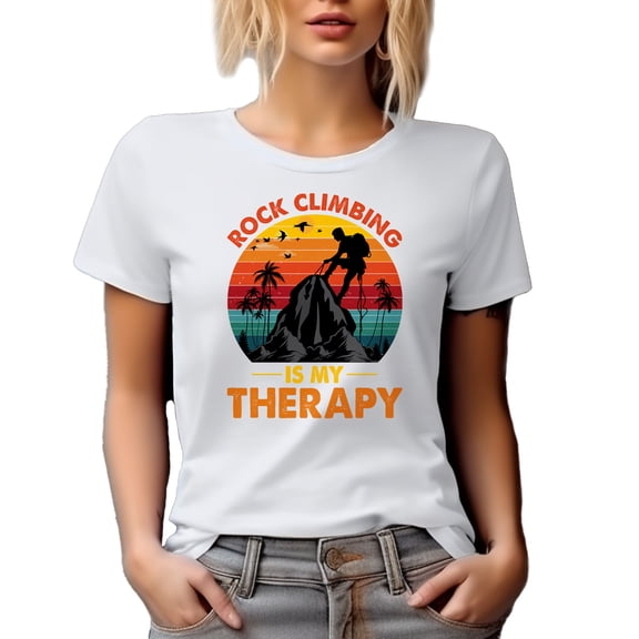 Retro Rock Climbing Is My Therapy, Mountain Climber, White T-Shirt, Large