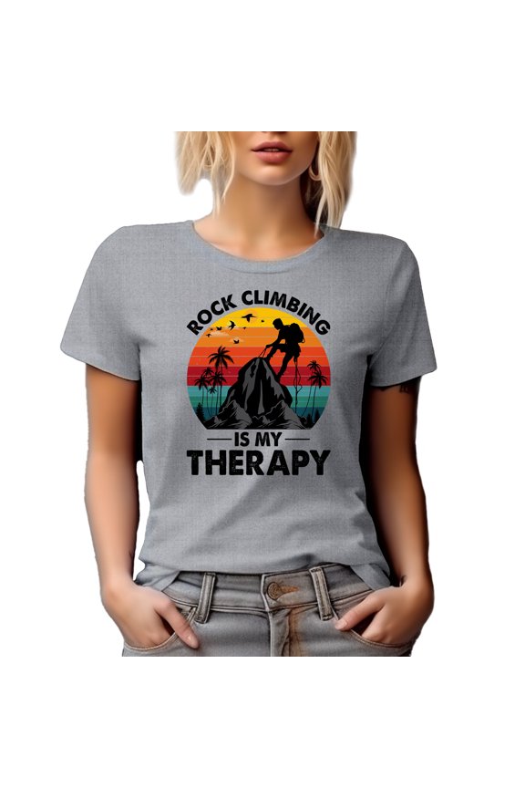 Retro Rock Climbing Is My Therapy, Mountain or Cliff Climber, Heather Grey T-Shirt, Medium