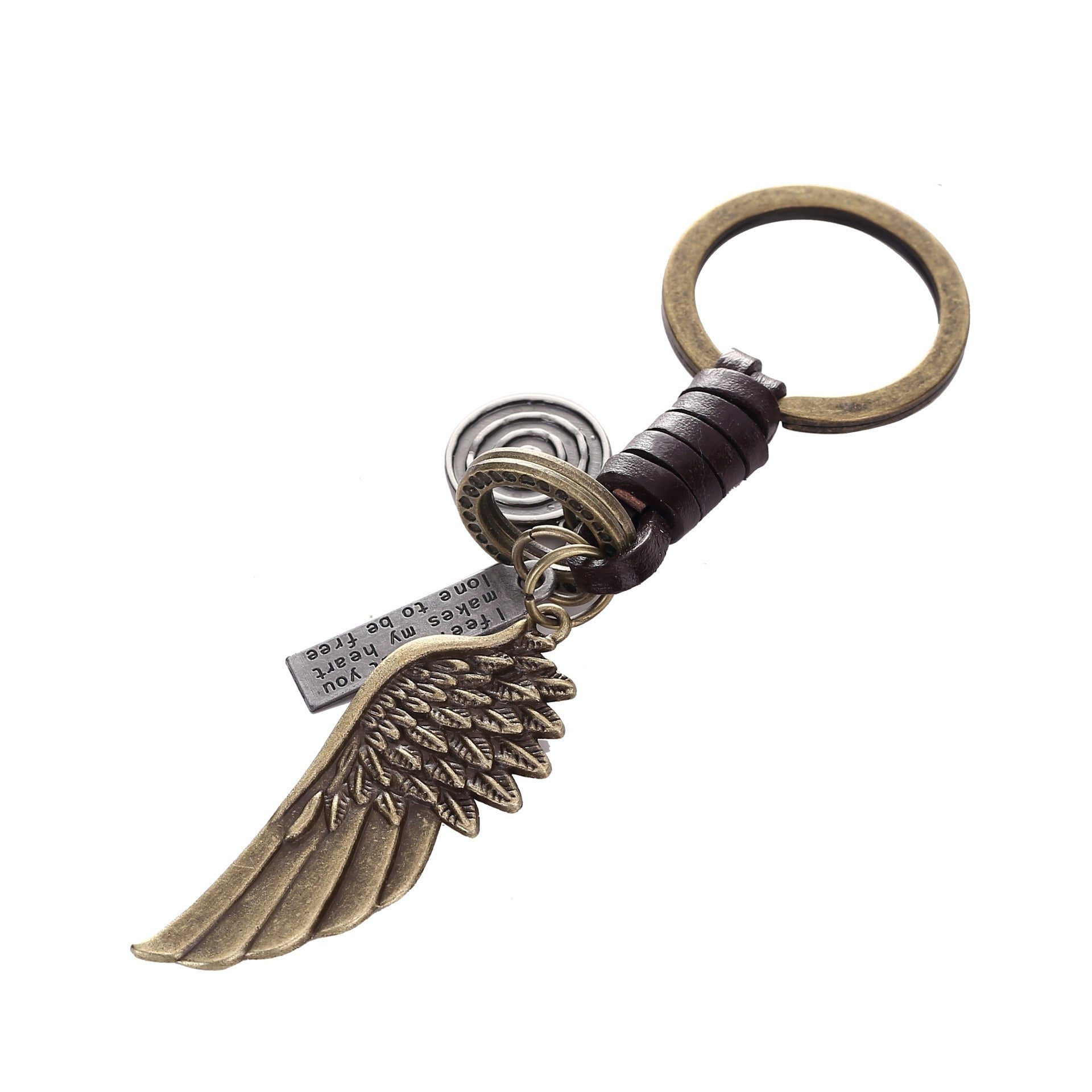 Retro Rock Fashion Cowhide Leather Keychain with Angel Wings Design, Unisex Key Ring, Alloy Metal Accessory