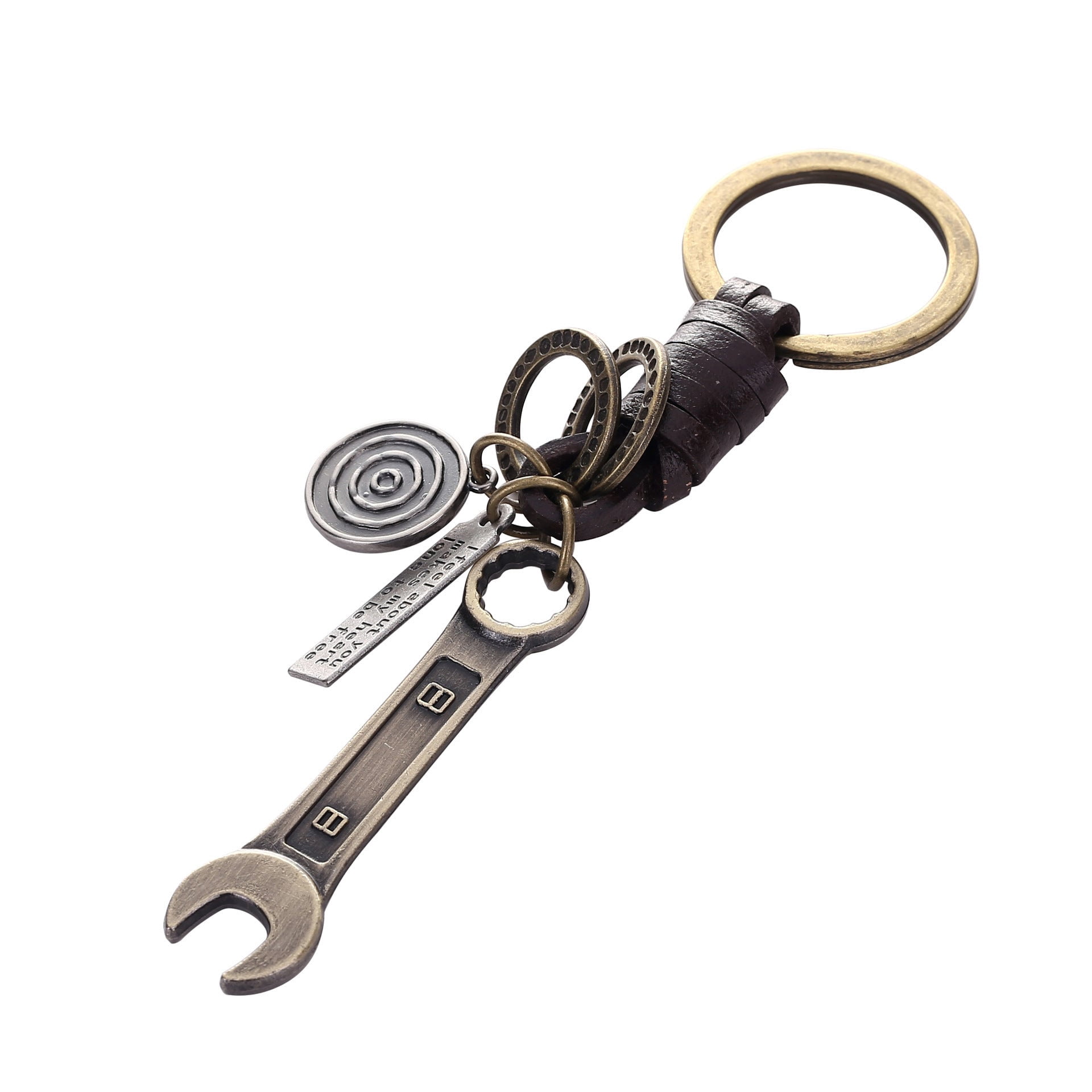 Retro Rock Fashion Cowhide Leather Keychain with Angel Wings Design, Unisex Key Ring, Alloy Metal Accessory