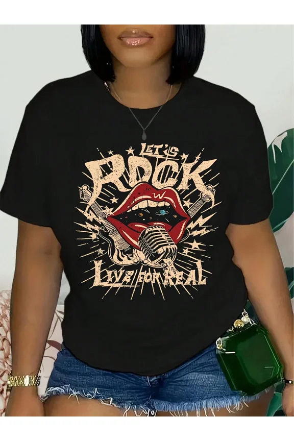 Retro Rock and Roll Graphic Tee Women's Vintage Style Music Lover Concert T-Shirt Short Sleeve Casual Black Top