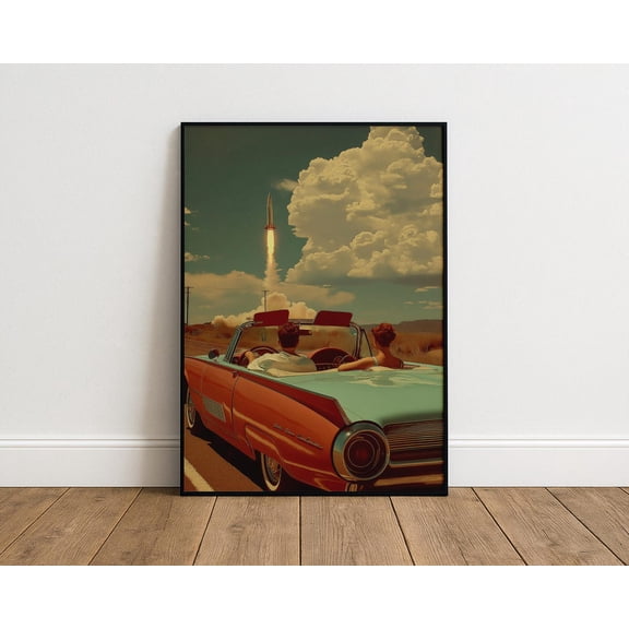 Retro Rocket Launch Wall Art - Vintage Car 1960S Sci-Fi Poster Print For Home Decor, Unframed Canvas Size 16x24