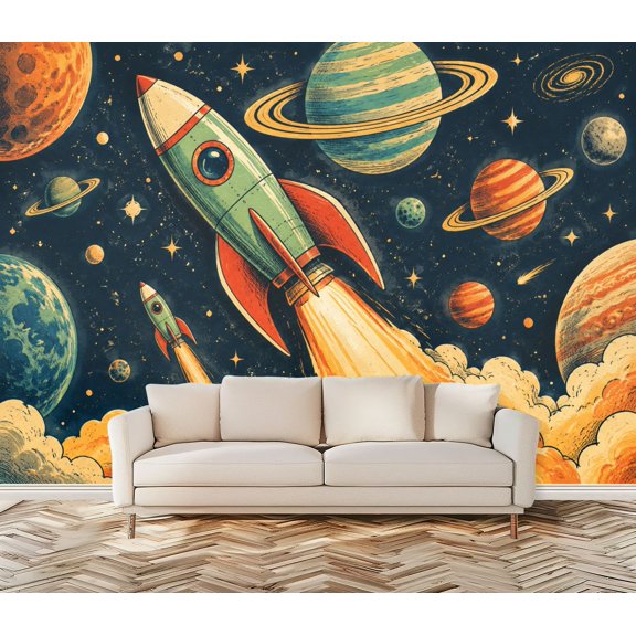 Retro Rocket Launching Wall Mural Peel and Stick Wallpaper Colorful Outer Space Planets Large Self Adhesive Wall Paper Vinyl Accent Removable Wall Decor for Bedroom Living Room 100" x 144"