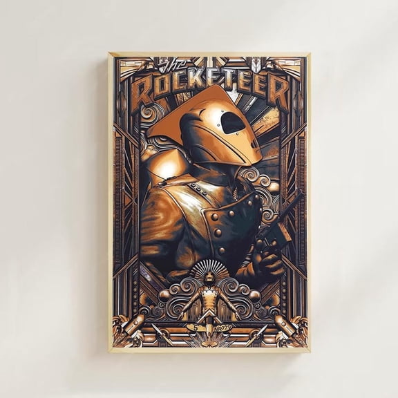 Retro Rocket Pack Flying Hero Art Deco Skyline Hero Flight Wall Art, Unframed Poster