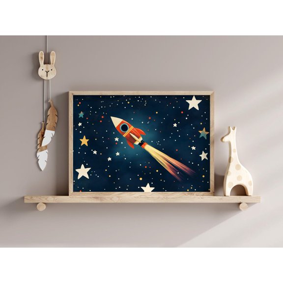 Retro Rocket Playroom Art Boy Decor Space Print Colorful Theme Child Nursery Wall Outer Unframed Paper Print