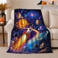 thumbnail image 1 of Retro Rocket Ship Blast-Off Adventure, Peaceful Mountain Lake Scene, Warm Flannel Blanket for Cabin and Lodge, Outdoor Lovers Valentine's Day Gift, Rustic Home Decor, 1 of 9