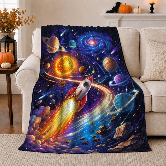 Retro Rocket Ship Blast-Off Adventure, Peaceful Mountain Lake Scene, Warm Flannel Blanket for Cabin and Lodge, Outdoor Lovers Valentine's Day Gift, Rustic Home Decor