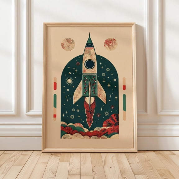 Retro Rocket Space Rocket Mid Century Space Vintage Space Illustration Sci Fi Nursery Poster Unframed Paper Print