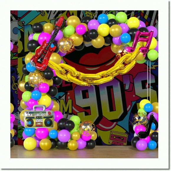 Retro Rockin' Balloon Blast - 90s 80s Themed Party Decorations with Purple, Rose Red, Green, Yellow, Blue, Black, Gold Confetti Balloons. Groove to the Beat with Radio, Guitar, Music Note F Balloon. P
