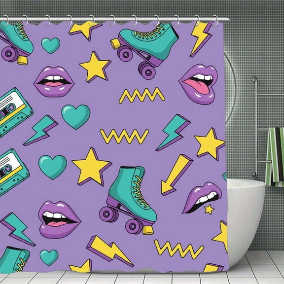 Retro Roller Disco & Pop Nostalgia Pattern Print Shower Curtain 70.8×70.8Inch,Modern Fabric Waterproof Polyester Bathroom Home Decor Set with Hooks