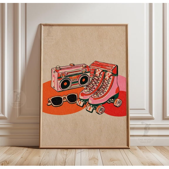 Retro Roller Skate Poster Boombox Wall Art Vintage Music Room Decor, Unframed Poster