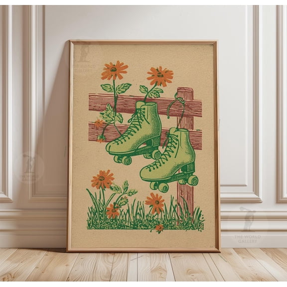 Retro Roller Skate Poster Floral Linocut Print Green Wall Art
