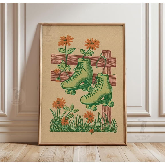 Retro Roller Skate Poster Floral Linocut Vintage Green Wall Art Decor, Unframed Poster