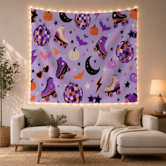 Retro Roller Skates with Disco Balls and Bats, Playful Retro Style for Roller Skate Fans, Halloween Wall Decor, Halloween Gift, Tapestry Wall Hanging for Bedroom and Dorm