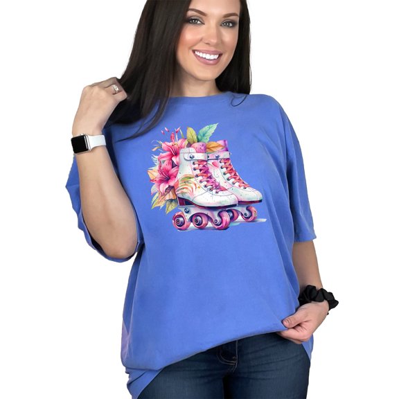 Retro Roller Skates T-Shirt, Vintage Roller Derby Graphic Tee, Artistic Skater Apparel, Colorful Flower Roller Skates, Unisex Shirt, Flo Blue Comfort Colors T-Shirt, Small