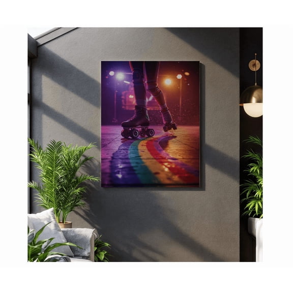 Retro Roller Skates Wall Art Neon Rink Night Poster With Rainbow Trail 80S Decor Colorful Gift For Skaters And Dreamers
