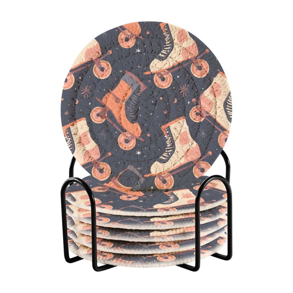 Retro Rollers Skates 6 Pcs Drink Coasters with Holder Absorbent Coasters Woven Coasters for Drinks Table Desk Protection Home Decor