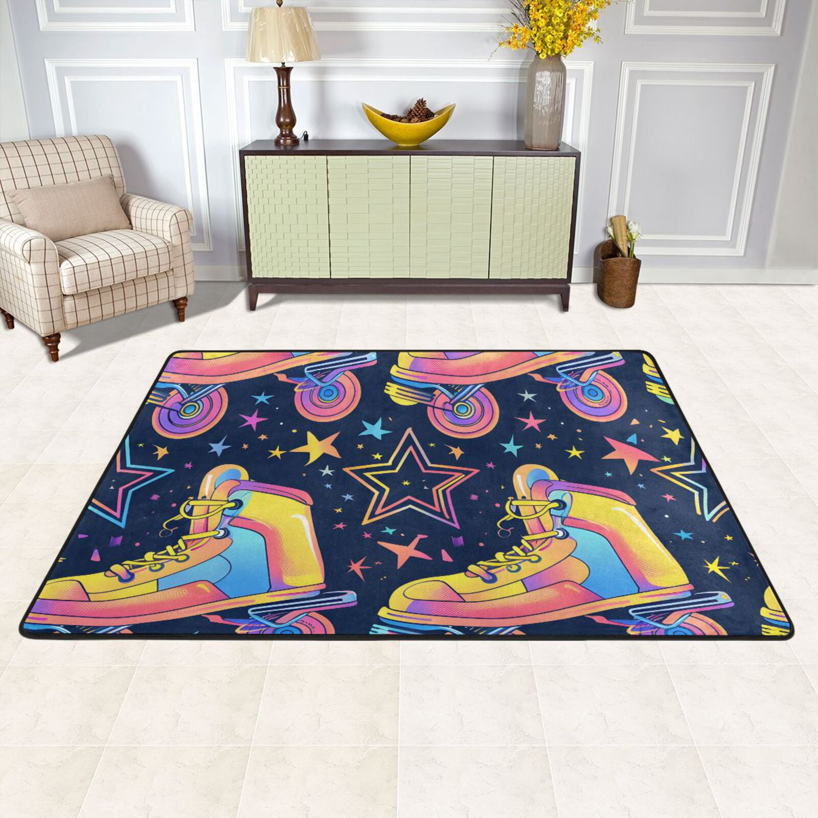 Top Roller Rug Retro Rollers Skates Stars Area Rug Washable 72 x 48 Floor Carpet Mat ...