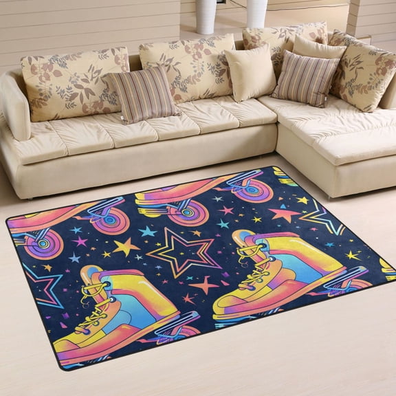 Retro Rollers Skates Stars Area Rug Washable Floor Carpet Mat 60 x 39 inch for Bedroom Living Room Kids Room Home Decor
