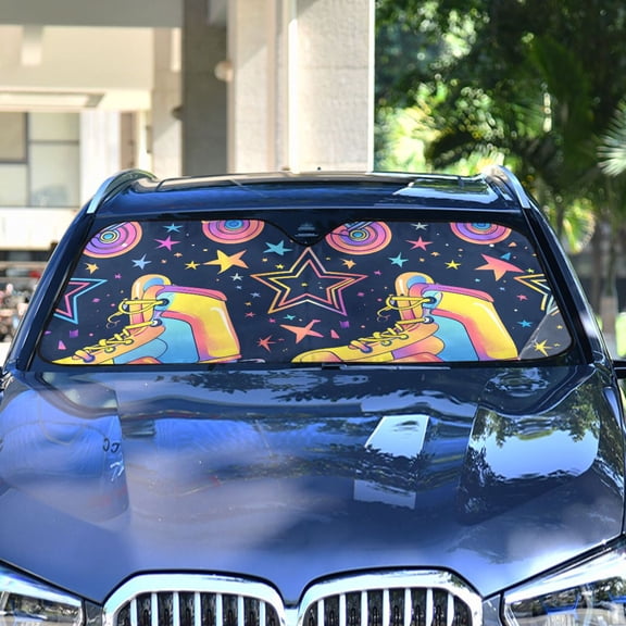 Retro Rollers Skates Stars Automotive Front Car Windshield Sun Shade Reflector Foldable for Front Fit for Cars Truck SUVs