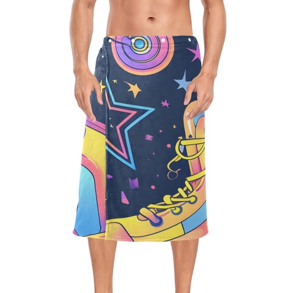 Retro Rollers Skates Stars Bath Towel Wrap for Man Adjustable Shower Wrap Button Closure Body Towel for Sauna Gym