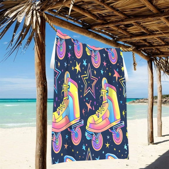 Retro Rollers Skates Stars Beach Towel Oversized Sandproof Absorbent Quick Dry Towels Adult for Travel Vacation Essentials