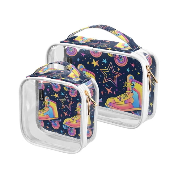 Retro Rollers Skates Stars Clear Cosmetic Bags with Handles PVC Toiletry Bags Zipper Waterproof Portable for Traveling 2 Pcs