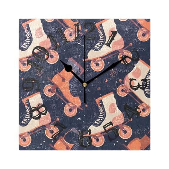 Retro Rollers Skates Wall Clock Square Silent Non Ticking Battery Operated Clock for Home Bathroom Kitchen Bedroom Living Room