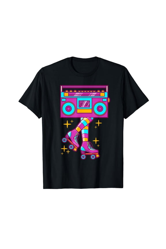 Retro Rollerskates Funny 80's Roller Disco Skating Gift Black T-Shirt