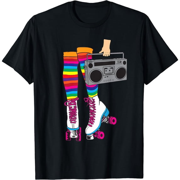 Retro Rollerskates Funny 80's Roller Disco Skating Girl Gift T-Shirt Black Medium