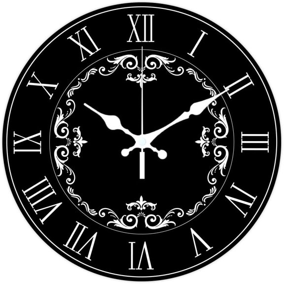 Retro Roman Numerals Pattern Wall Clock 12 Inch Non-Ticking Clocks Round Wall Hanging Clock Battery Operated for Bedroom Living Room Kitchen Office Black