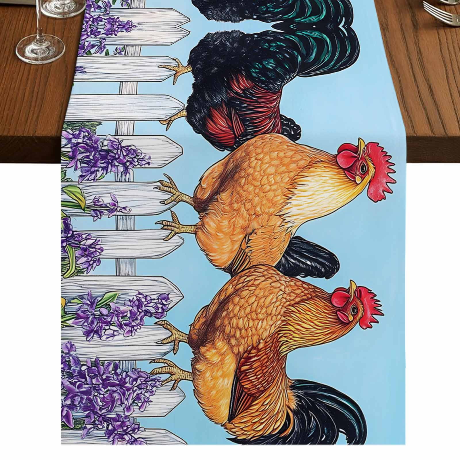 Retro Rooster 60 Inch Table Runner, Spring Floral Farmhouse Animals ...