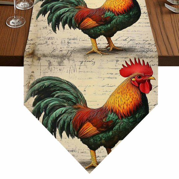 Retro Rooster Animal Table Runner for Dining Room, Watercolor Country Style Cotton Linen Dining Table Runner Tablecloth Dresser Scarves for Kitchen Cafe 13x72 Inches Long