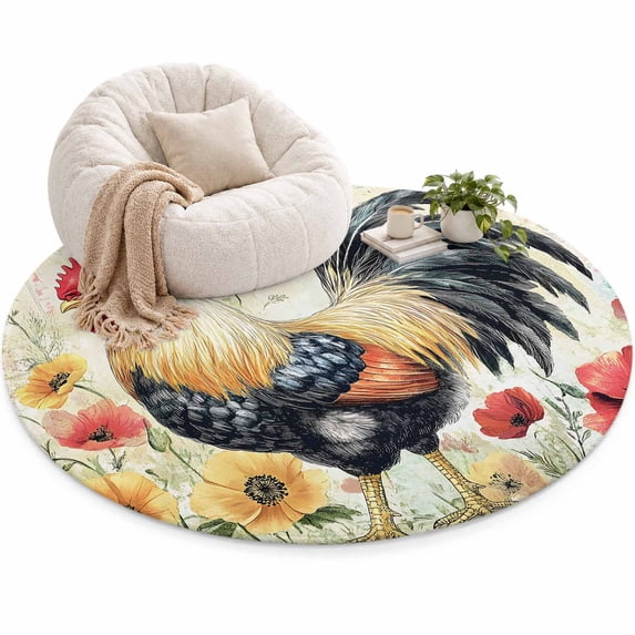 Retro Rooster Area Rug 4', Spring Vintage Floral Watercolor Farm Soft ...