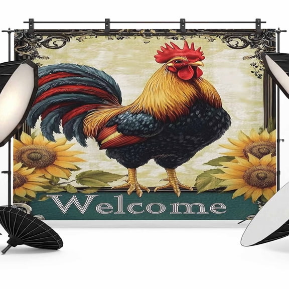 Retro Rooster Backdrop for Photography, Fabric Photo Background Backdrop, Yellow Sunflower Summer Flowers Photo Booth Background for Portrait Photoshoot Video Wedding Studio Decoration Banner 8x6ft