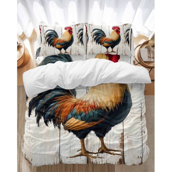 Retro Rooster Bedding Duvet Cover Set Full Size 4 Pieces Realistic Animal Wood Grain Bedding Set with Zipper Closure, 1 Comforter Cover 86x86 Inches 1 Flat Sheet & 2 Pillow Cases
