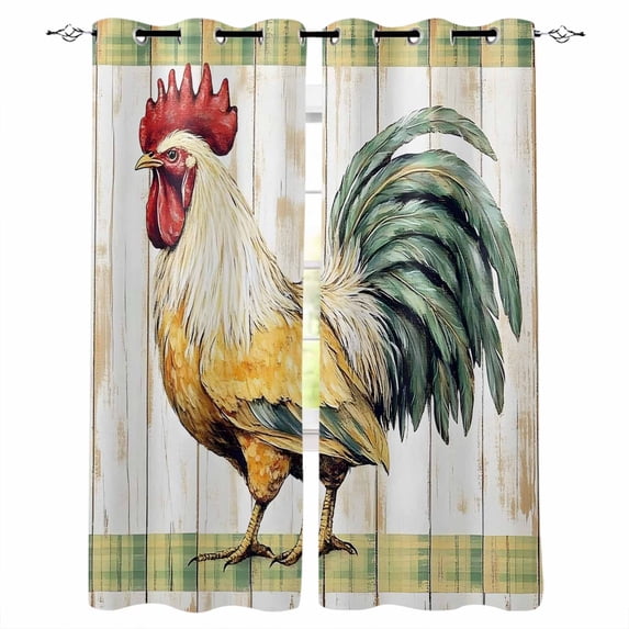 Retro Rooster Blackout Curtains for Bedroom Living Room Darkening Curtains 84 Inch Length 2 Panels Set White Animals Wooden Watercolor Window Curtain Insulated Window Treatment Grommet Drapes 52"x84"