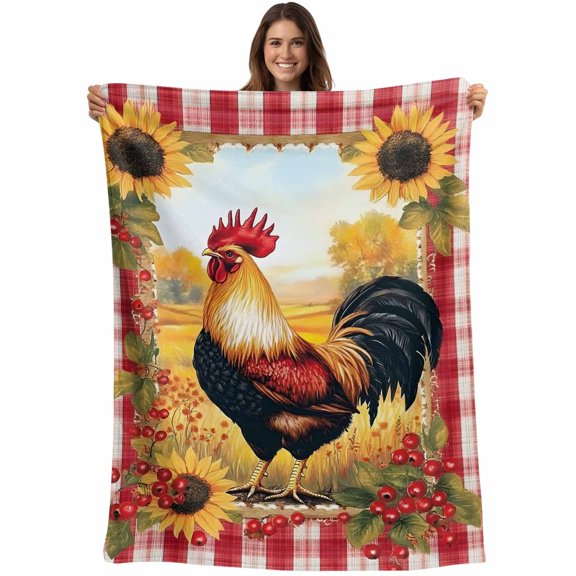 Retro Rooster Blanket Soft Cozy Warm Throw Blanket for Couch, Plush Fuzzy Flannel Fleece Blankets for Sofa, Yellow Sunflower Red Plaid Farmhouse Bed Blankets Lightweight Gifts for Women, 50"x60"