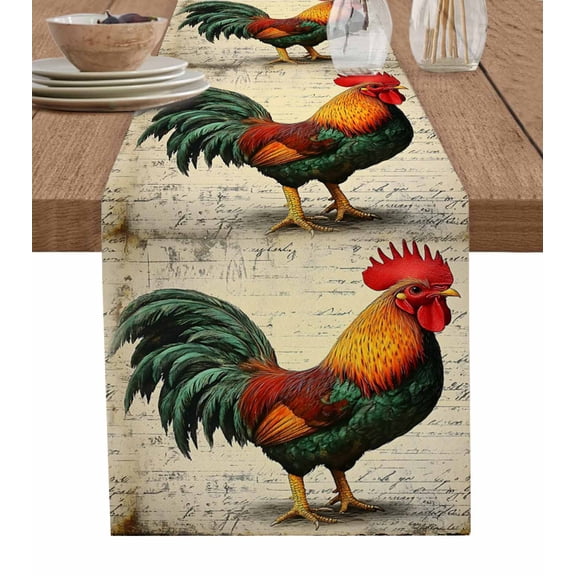 Retro Rooster Burlap Cotton Table Runner 13x60 Inches Long, Farmhouse Vintage Country Animal Farmhouse Table Runners, Outdoor Dining Tablecloths Decor for Baby Shower/Party/Wedding