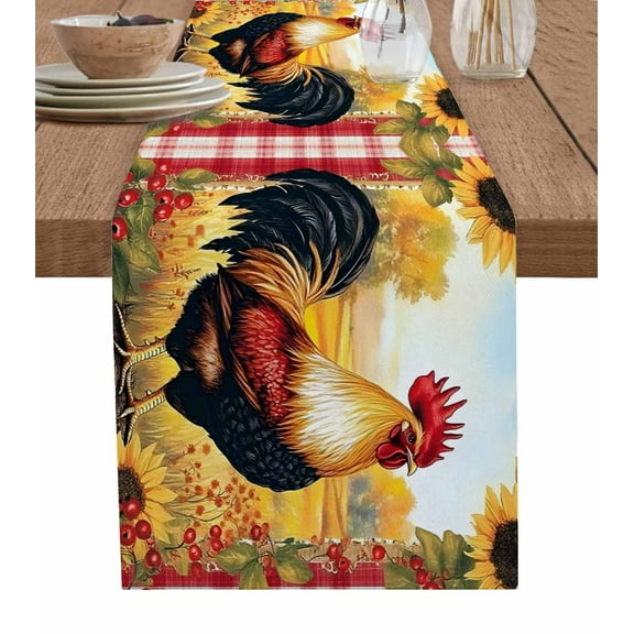 Retro Rooster Burlap Cotton Table Runner 13x70 Inches Long, Yellow Sunflower Red Plaid Farmhouse Farmhouse Table Runners, Outdoor Dining Tablecloths Decor for Baby Shower/Party/Wedding