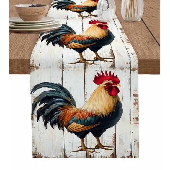 Retro Rooster Burlap Cotton Table Runner 14x72 Inches Long, Watercolor Vintage Rooster Art Farmhouse Table Runners, Outdoor Dining Tablecloths Decor for Baby Shower/Party/Wedding