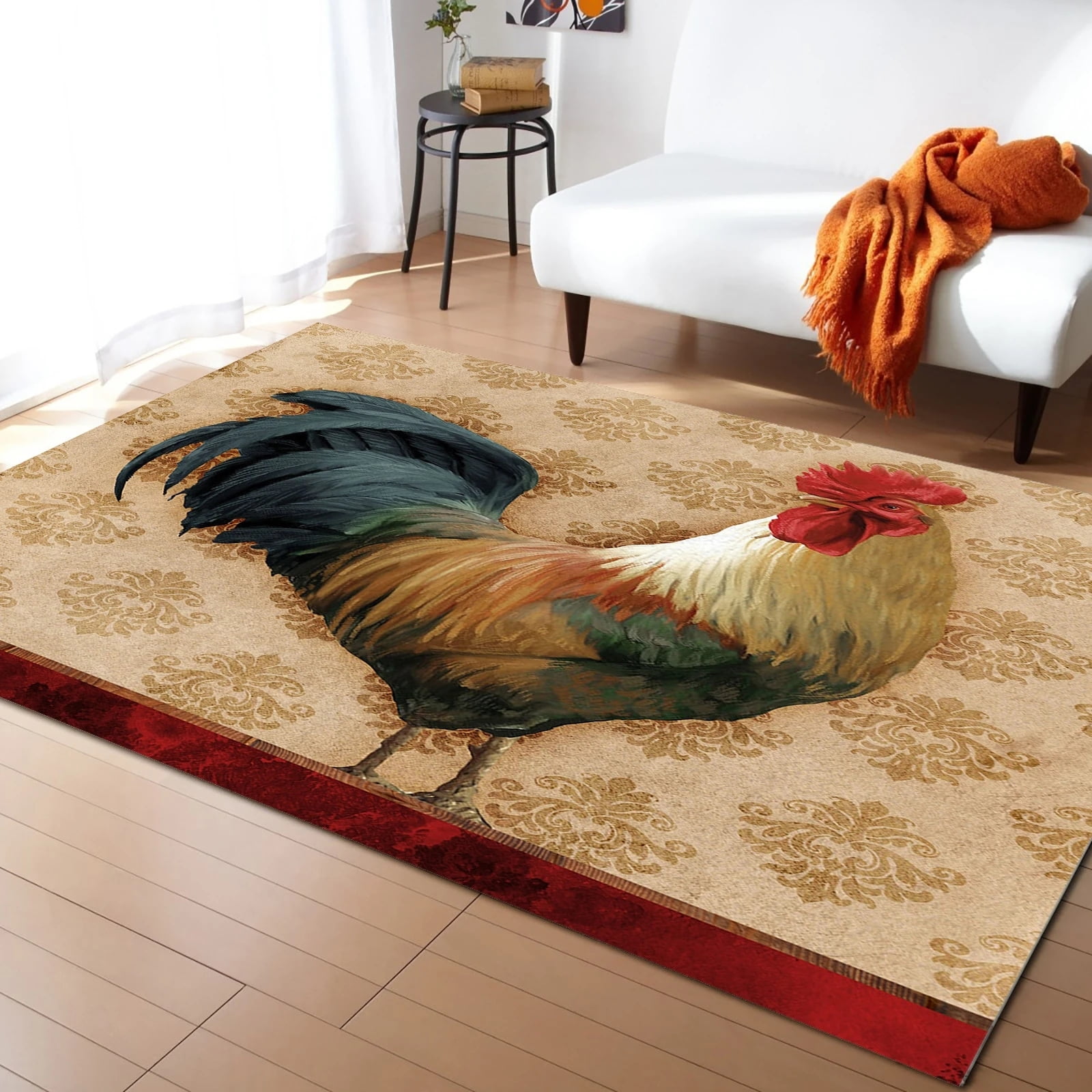 Hen Rug Retro Rooster Chicken Area Rug Non Slip Mat Polyester Area Rugs Mat For ...