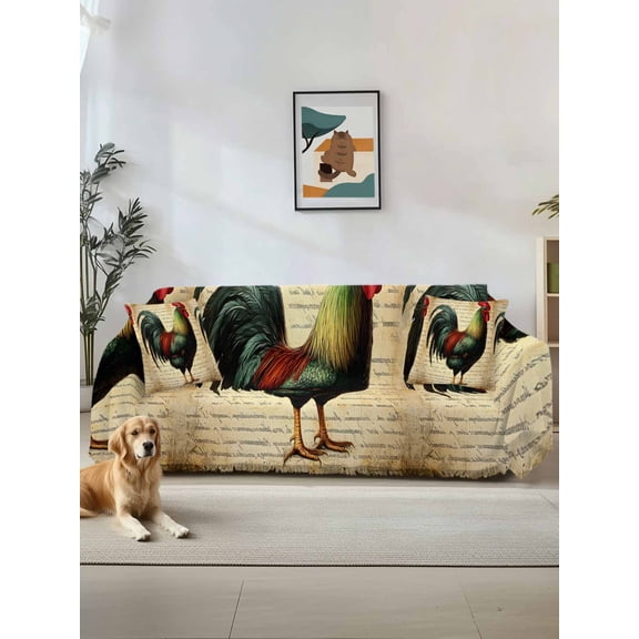 Retro Rooster Couch Cover, Farmhouse Vintage Animal Watercolor Sofa Cover Blanket for 1 Seat Cushion,Sectional Sofa Slipcover Furniture Protector for Living Room Bedroom 71''x91''