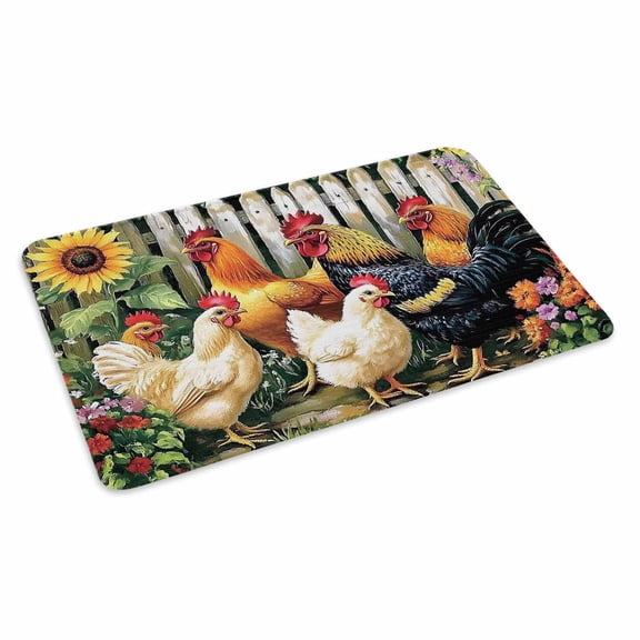 Retro Rooster Doormat Outdoor Entrance 16"x24", Farmhouse Watercolor Animals Floral Absorb Moisture Dirt Door Mats, Non-Slip Rubber Backing Floor Mats Indoor, Low-Profile Front Door Rugs